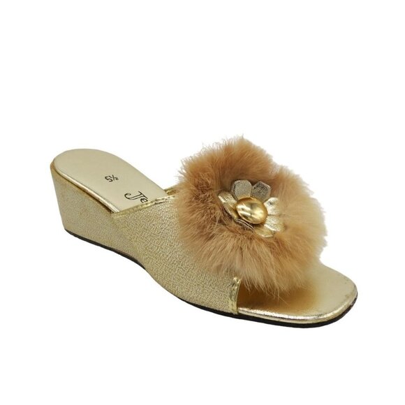 Vintage JEWELTONE 60s Women's Metallic Gold Rabbit Fur Wedge Slippers Size 5.5 - Picture 1 of 8
